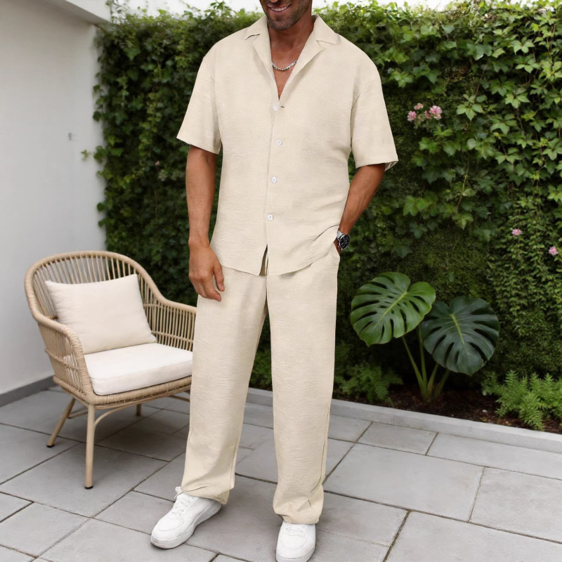Summer Fashion Casual Short-Sleeved Shirt Suit Men's Trendy Solid Color Long Pants Two-Piece Set Off-White Suit