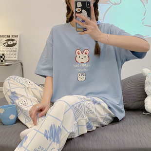 Pajamas Women's Short-sleeved Pants Summer Thin Cotton Two-piece Suit Cartoon Cute Loose Spring and Autumn Casual Home Clothes