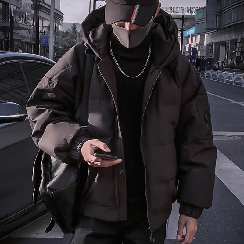 新款潮牌冬季潮男面包棉服短款宽松大码高档加厚黑色连帽保暖棉衣