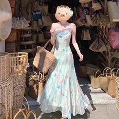 ドーパミン砕花ストラップワンピース女性夏丁達大理アル海海辺休暇ステップ生蓮魚尾スカート