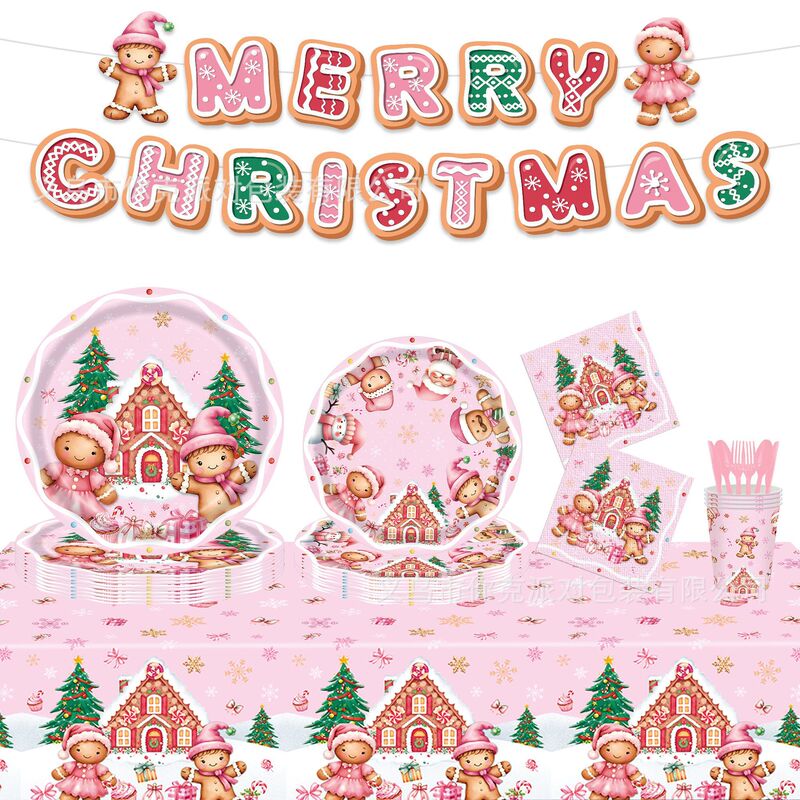 Pink Gingerbread Man Christmas Paper Plate Cartoon Dinner Plate Disposable Paper Cup Tissue Tablecloth Kidsren's Party Decoration