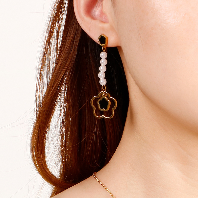 Fashion Flower Titanium Steel Inlay Artificial Pearls Earrings Necklace 1 Set