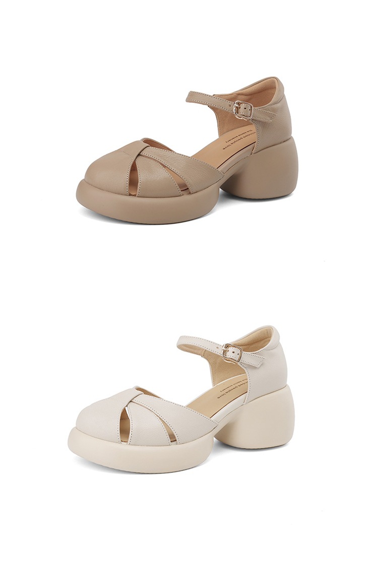 Sandal cao gót nữ quai ngang da cừu mũi nhọn đế dày — Màu be chi tiết 18