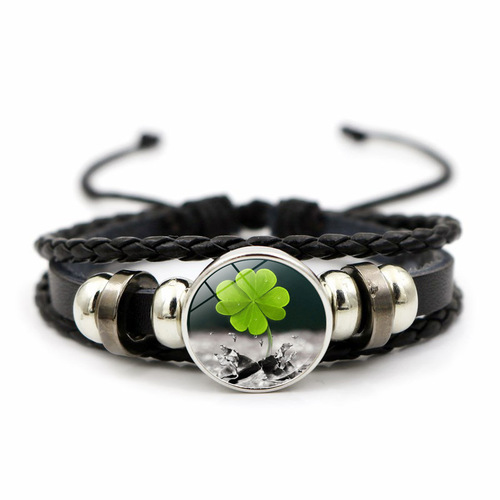 Crystal Four-Leaf Clover Leather Bracelet for Women, Versatile Time Gem Beaded Bracelet, Green Lucky Grass Jewelry