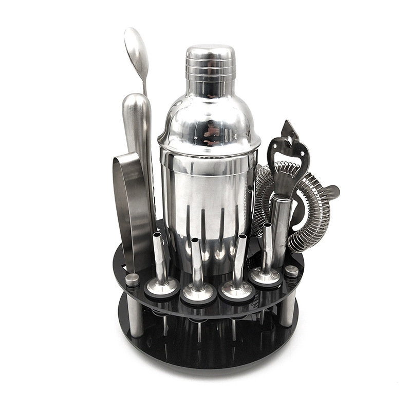 跨境新品 調酒器13件套 酒吧雞尾酒調酒套裝 不鏽鋼材質搭配底座