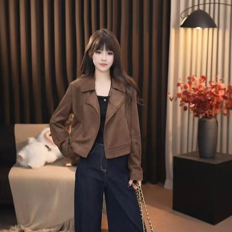 American Retro Suede Short Jacket for Women, Autumn New Style, Petite, Slimming, Stylish Versatile Jacket Top