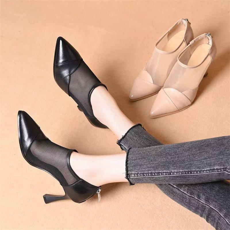 Botas de malla de cuero suave de talón fino 2026 verano nuevo zapato de punta trasero ventilado con cremallera extranjera zapatos de tacones altos