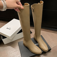 巨显瘦欧美真皮圆头拼接平底弹力长筒靴女骑士靴秋季大码靴子4142