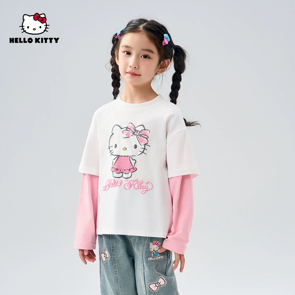 HelloKitty Весна 2025 Новая одежда для девочек Среднее детское модное детское футболка с длинными рукавами