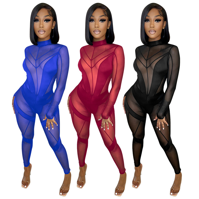 Cross-Border Women's Clothing Aliexpress Amazon European and American New Style Mid-Neck Sexy See-Through Mesh Splicing Jumpsuit for Women
