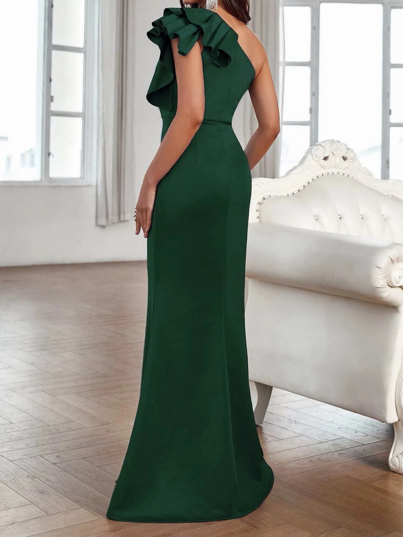 Women's Clothing one shoulder ruffled slit fishtail hem prom bridesmaid dress banquet wedding engagement dress_autovado.com