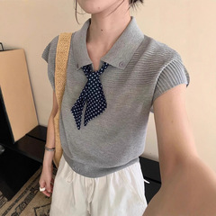 别致灰色POLO衫宽松小飞袖针织短袖t恤女夏季设计感正肩冰丝上衣