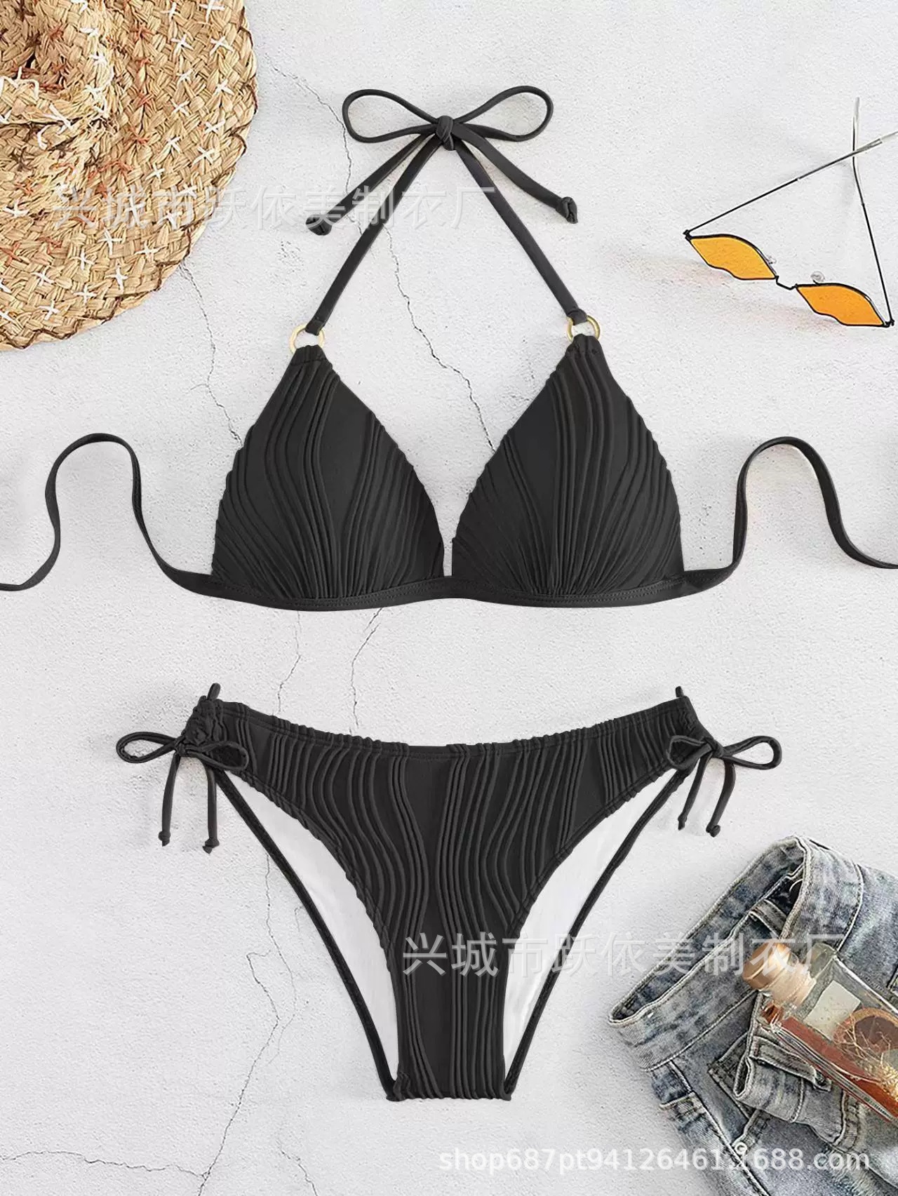 欧美新款游泳衣跨境性感分体带胸垫比基尼糖果色波浪法式三点详情19