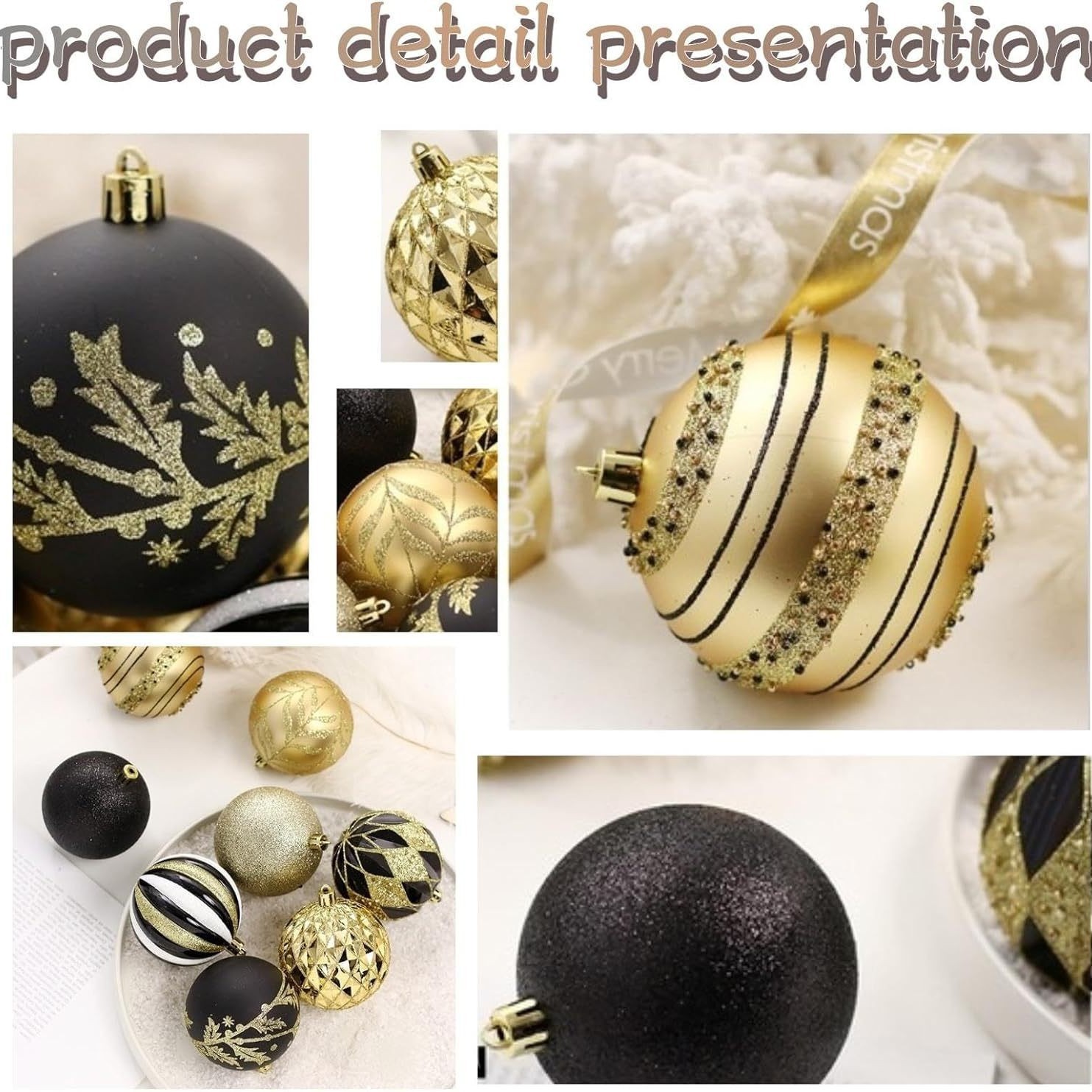 Bola de Navidad Juego de 6cm 16 Bola de Navidad de plástico galvanizado pintado en oro negro