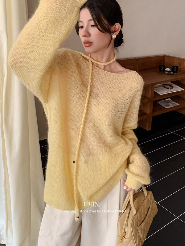 UNANA新品F5332十三行U+MINI高比例马海毛慵懒氛围感飘带针织衫女|undefined