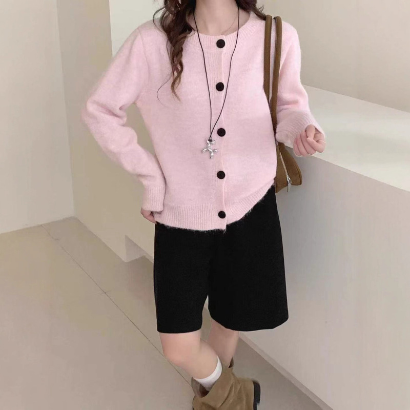 外贸温柔慵懒风圆领毛衣开衫女韩版宽松百搭小个子短款针织上衣潮|undefined