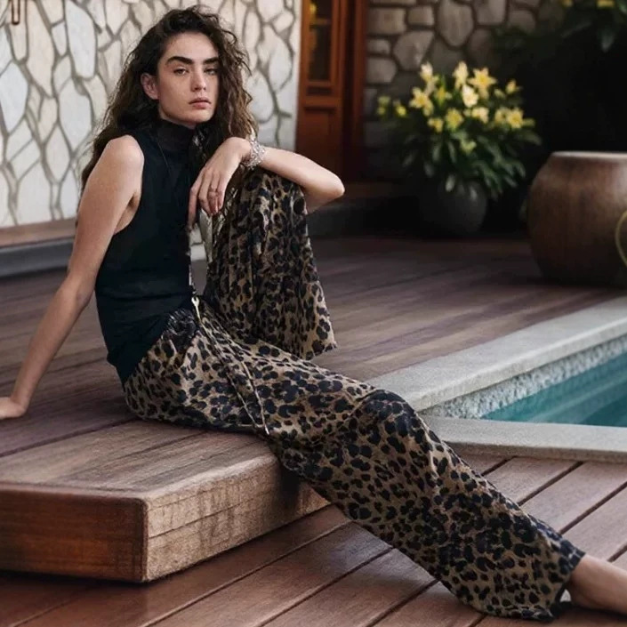 T*Row Snow Leopard Pants Double Crepe Silk Flowing Paris Leopard Print Fishtail Skirt Shorts Air Pants