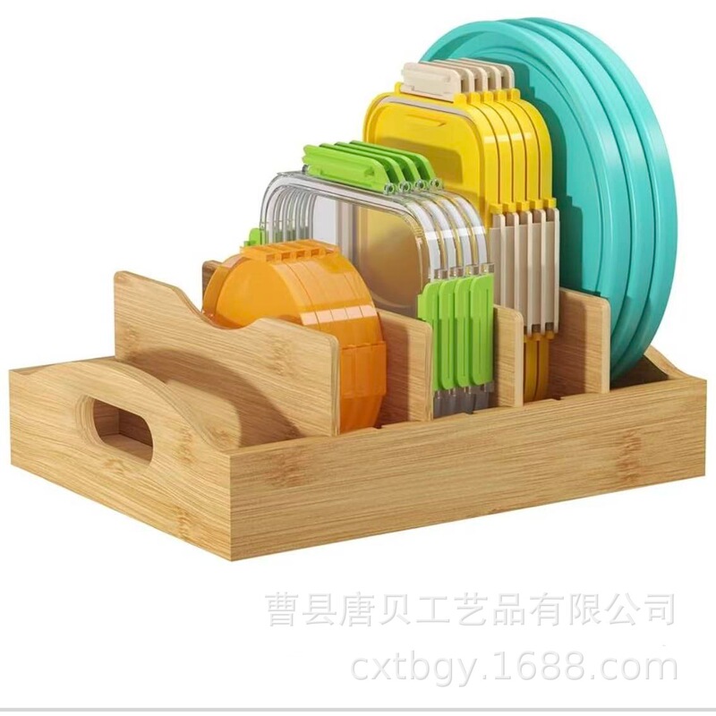 Cross-border bamboo lid storage box, desktop solid wood compartmentalized storage box, kitchen wooden adjustable bowl and plate organizer box