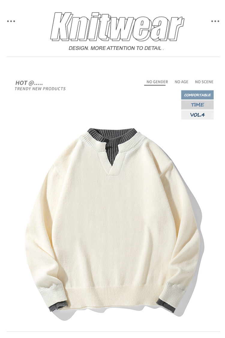 Men's Oversized V-neck Knit Pullover Casual Layered Look Sweater_voghion.com