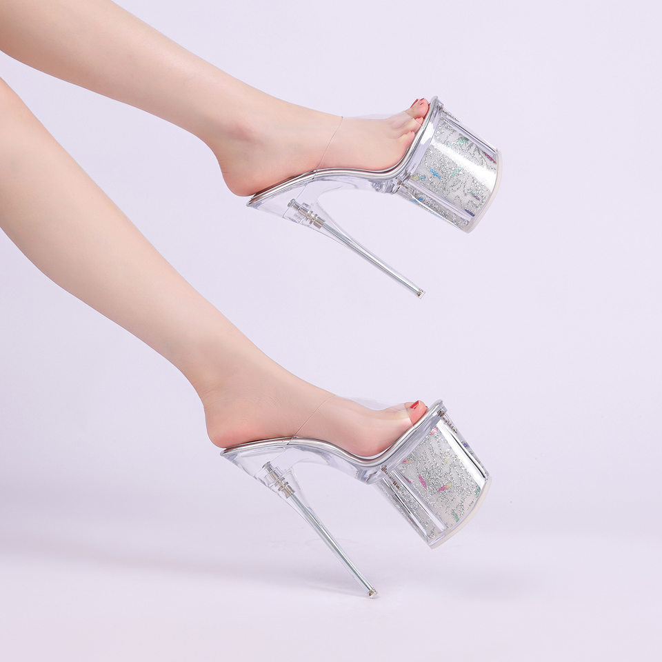 Dép sandal nữ quai ngang gót siêu cao 9 cm mũi hở phong cách Âu Mỹ — bạc, màu vàng, đen chi tiết 15