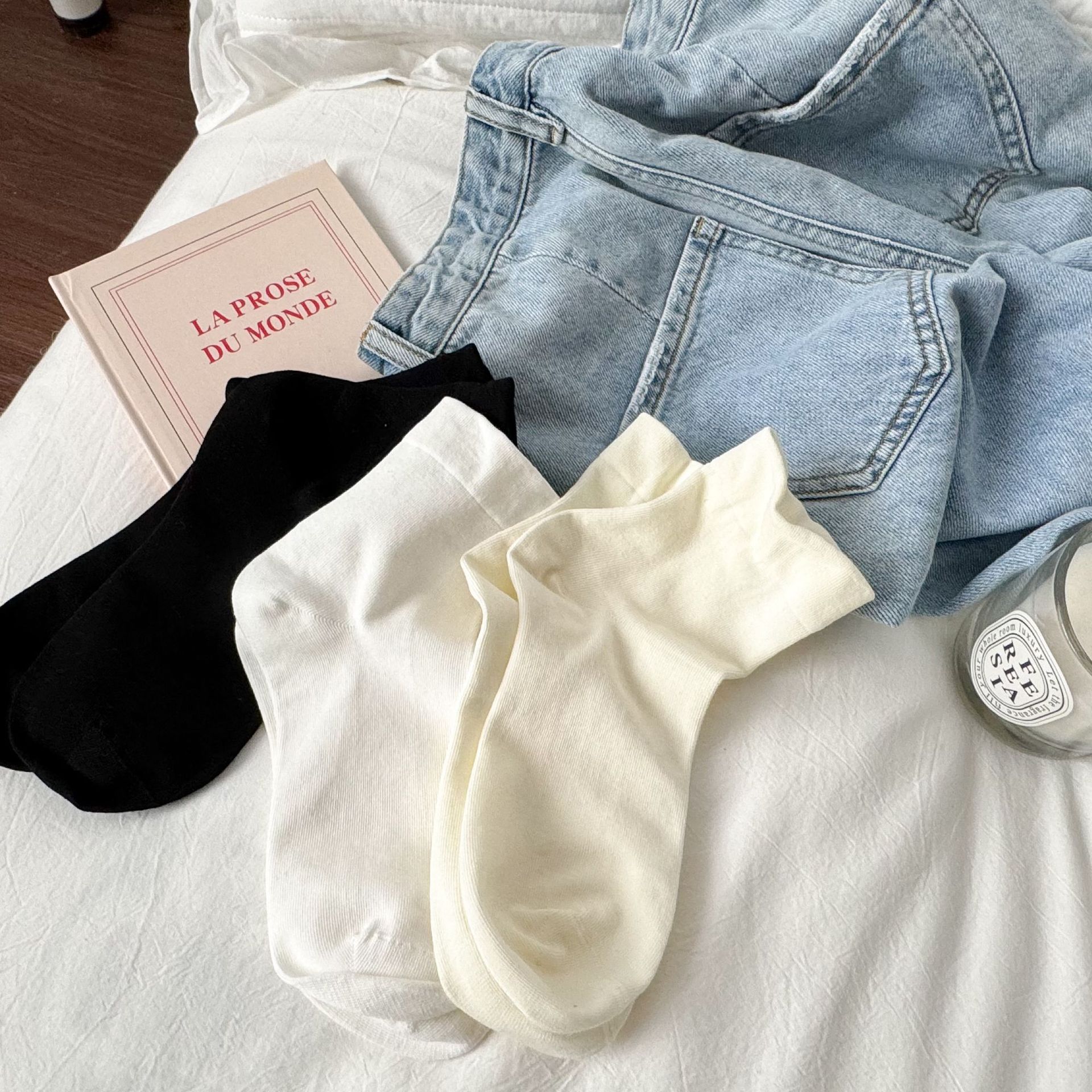 Loose colorful sports short socks women's spring and summer thin cotton socks Japanese White boneless confinement mid-calf length socks