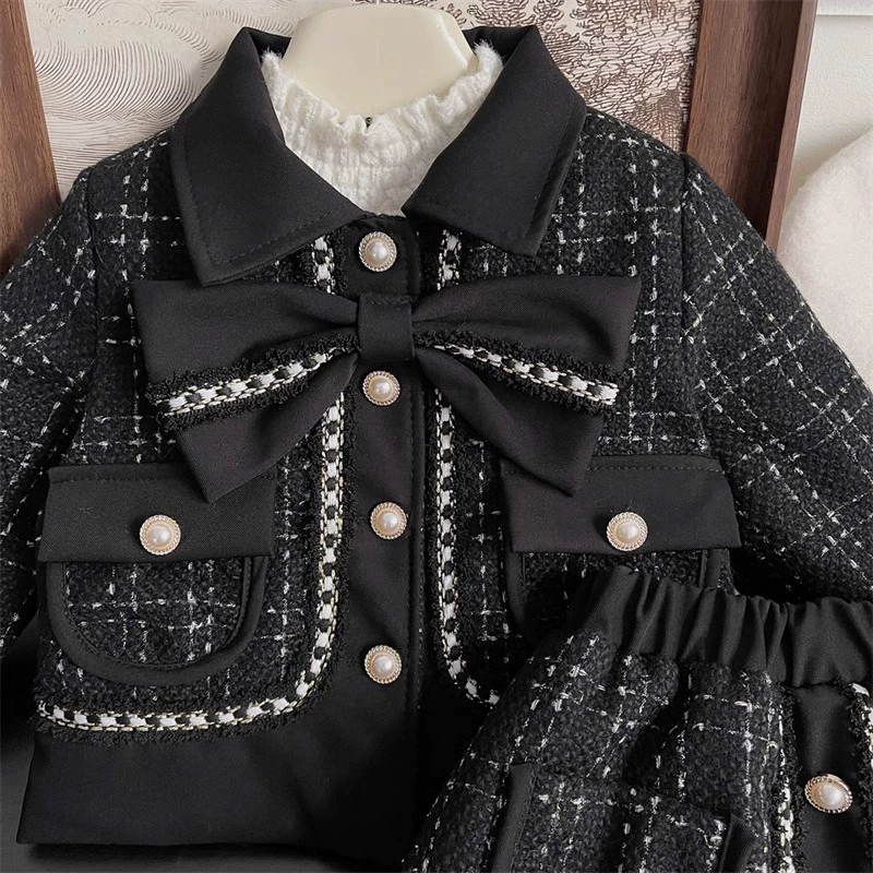 Демисезонный комплект, детская куртка с бантами, мини-юбка, стиль Chanel