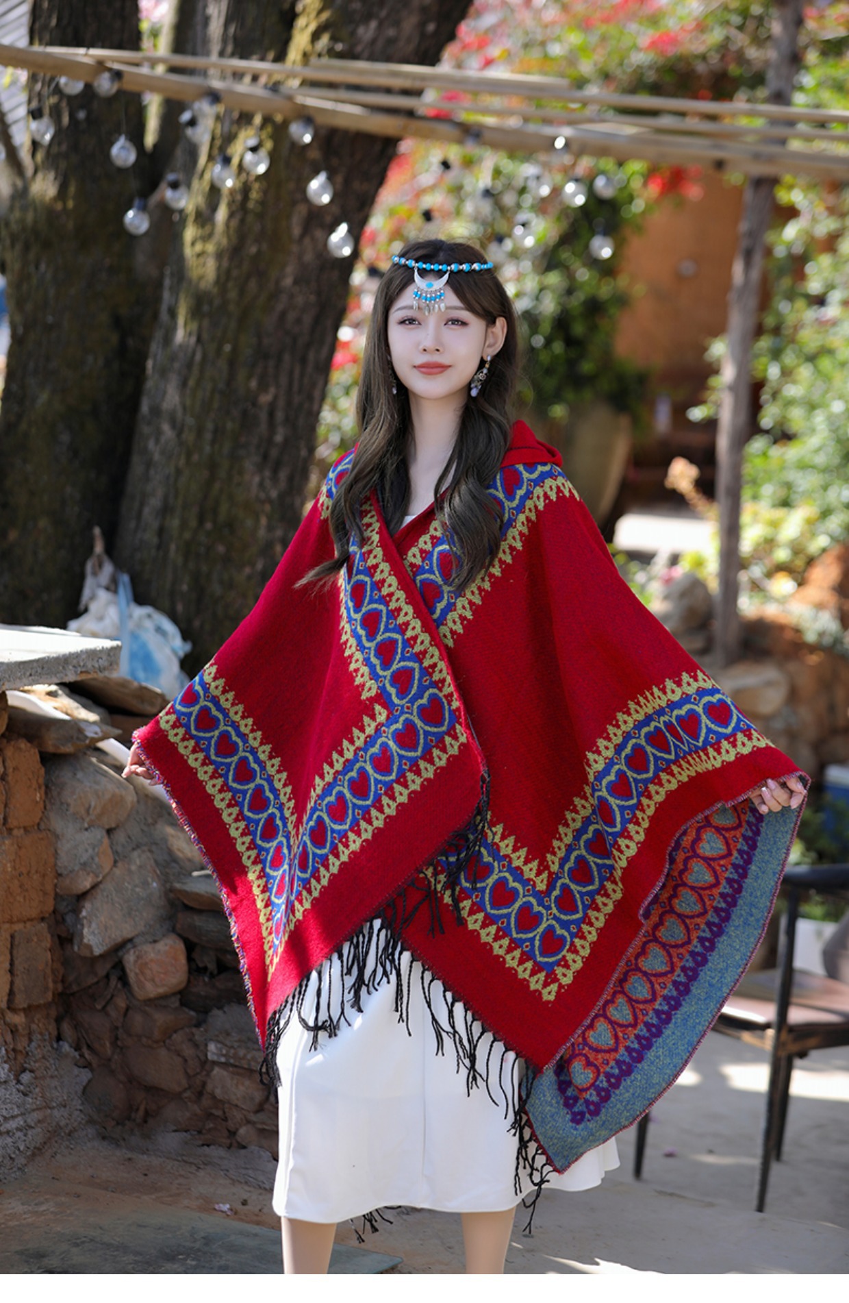 Roter Schal im ethnischen Stil, verdickter warmer Schal, für Frauen, Reisen mit Yunnan Xinjiang Xizang-Umhang mit Kapuze_voghion.com
