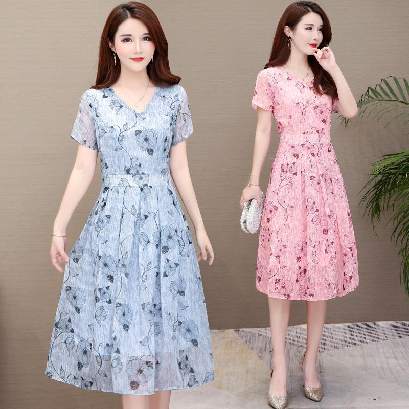 Amazon mid-length slim-fit floral skirt summer mother's V-neck short sleeve dress plus size printed A- line skirt for women