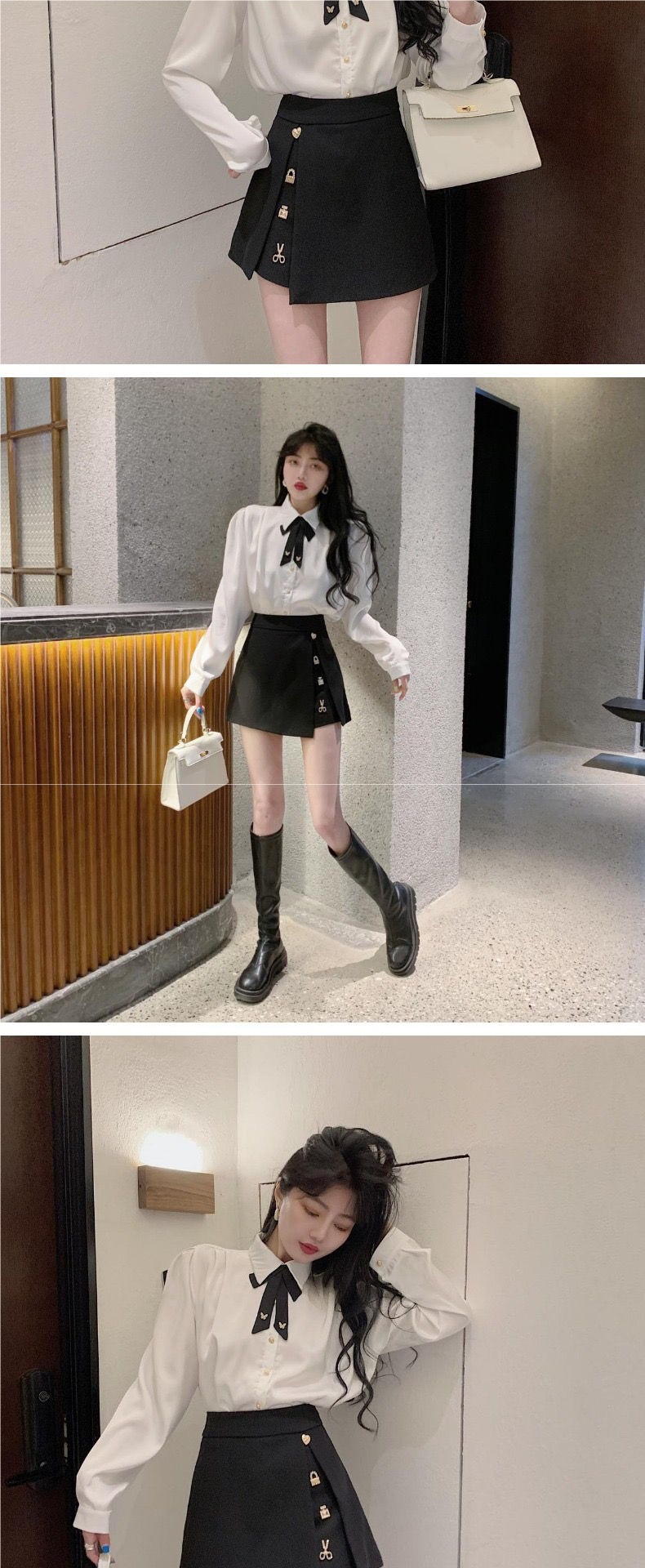 GraceChic Frühlingsoutfit: Zweiteiliges Set aus Bluse mit Schleife, Puffärmeln und hochtailliertem, schwarzem Rock mit Schlitz_voghion.com