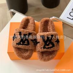 2025秋冬新款水钻毛毛拖鞋女外穿泰迪羊羔毛厚底防滑一字拖鞋