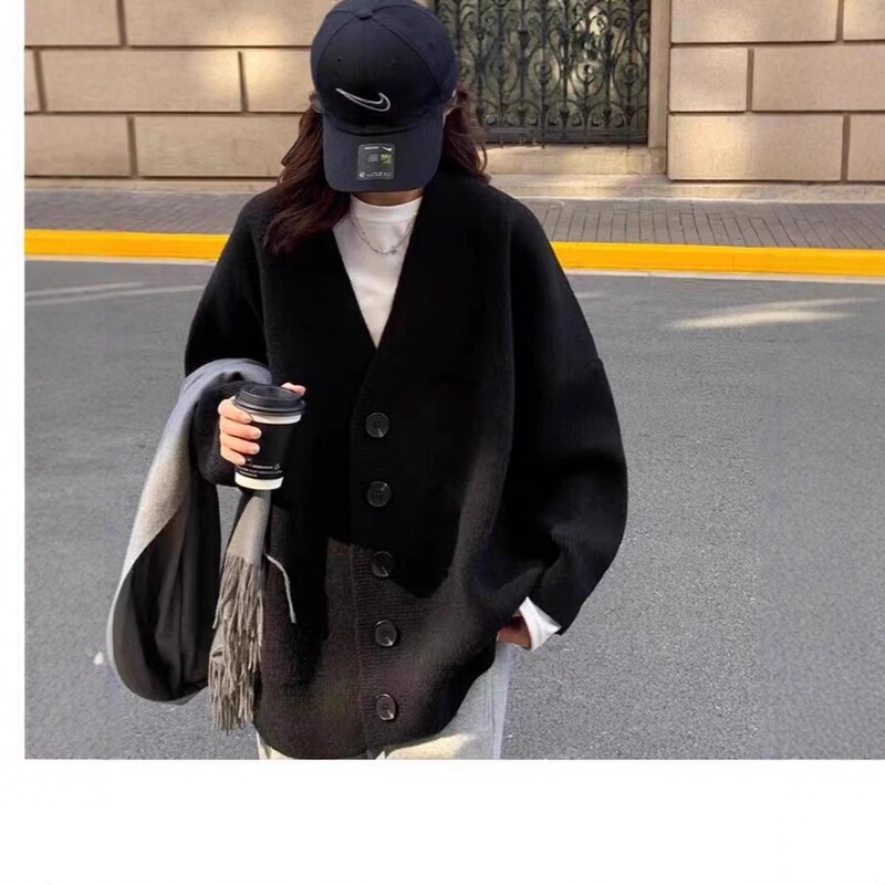 黑色羊毛外套女大码2025加厚外穿复古中长款慵懒宽松v领开衫毛衣|undefined
