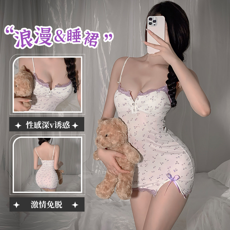 Sexy Pure Lust Style Small Floral Nightgown Lace Splicing Lace Women's Temptation Suspender Skirt Sexy Underwear Wholesale