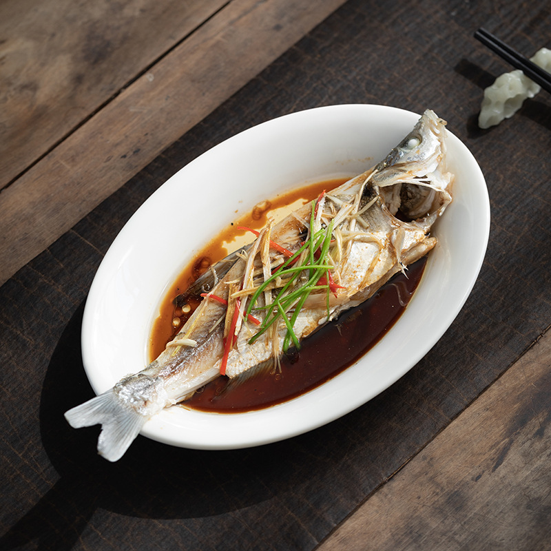 [쌀 화이트] 더화 백자 타원형 생선 접시 10.2 인치 세라믹 찐 생선 깊은 접시 수프 접시 식기 접시