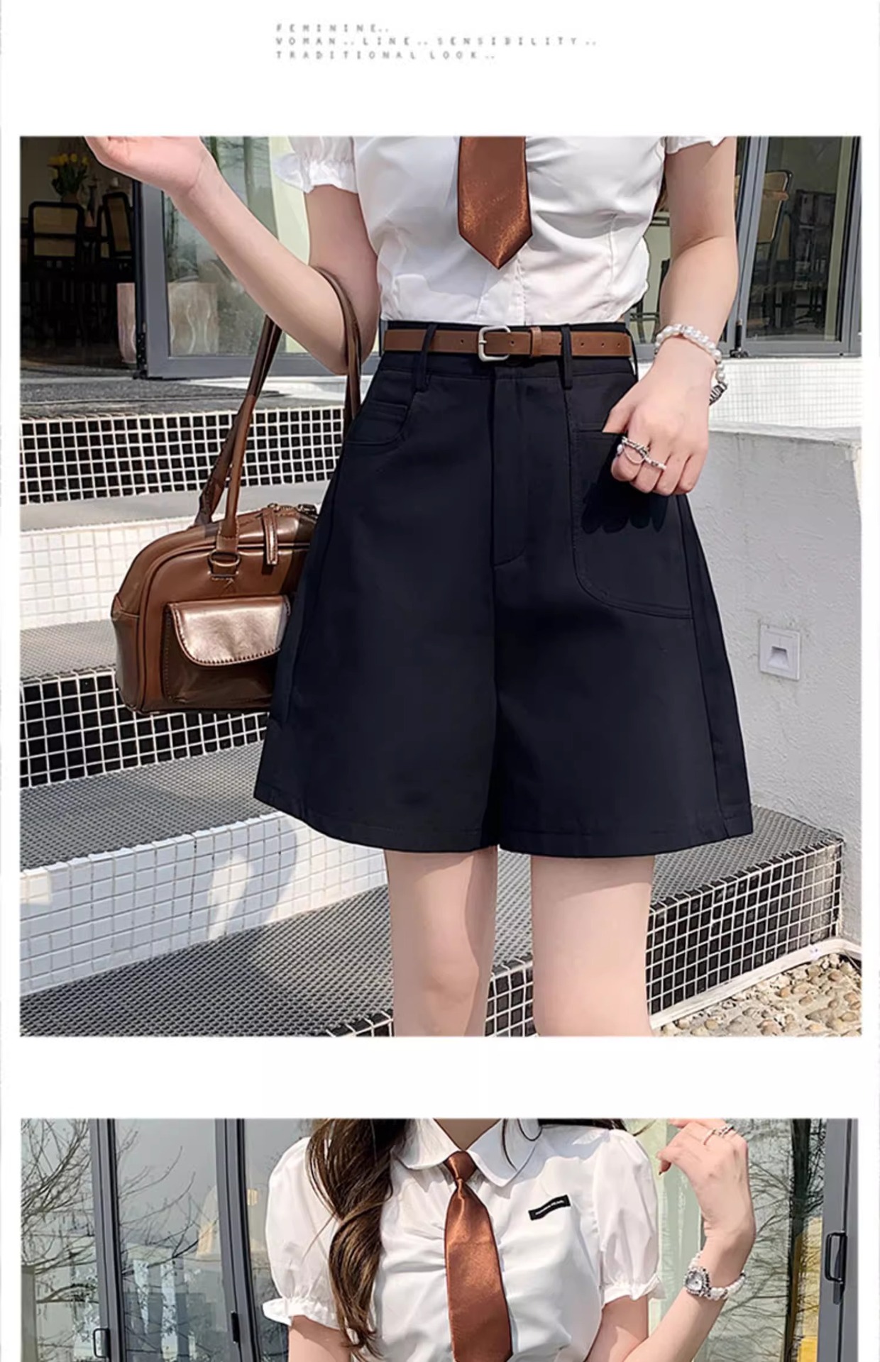 Quần short nữ cạp cao ống rộng dáng suông dài ngang đùi kiểu Hồng Kông — Màu đen chi tiết 6