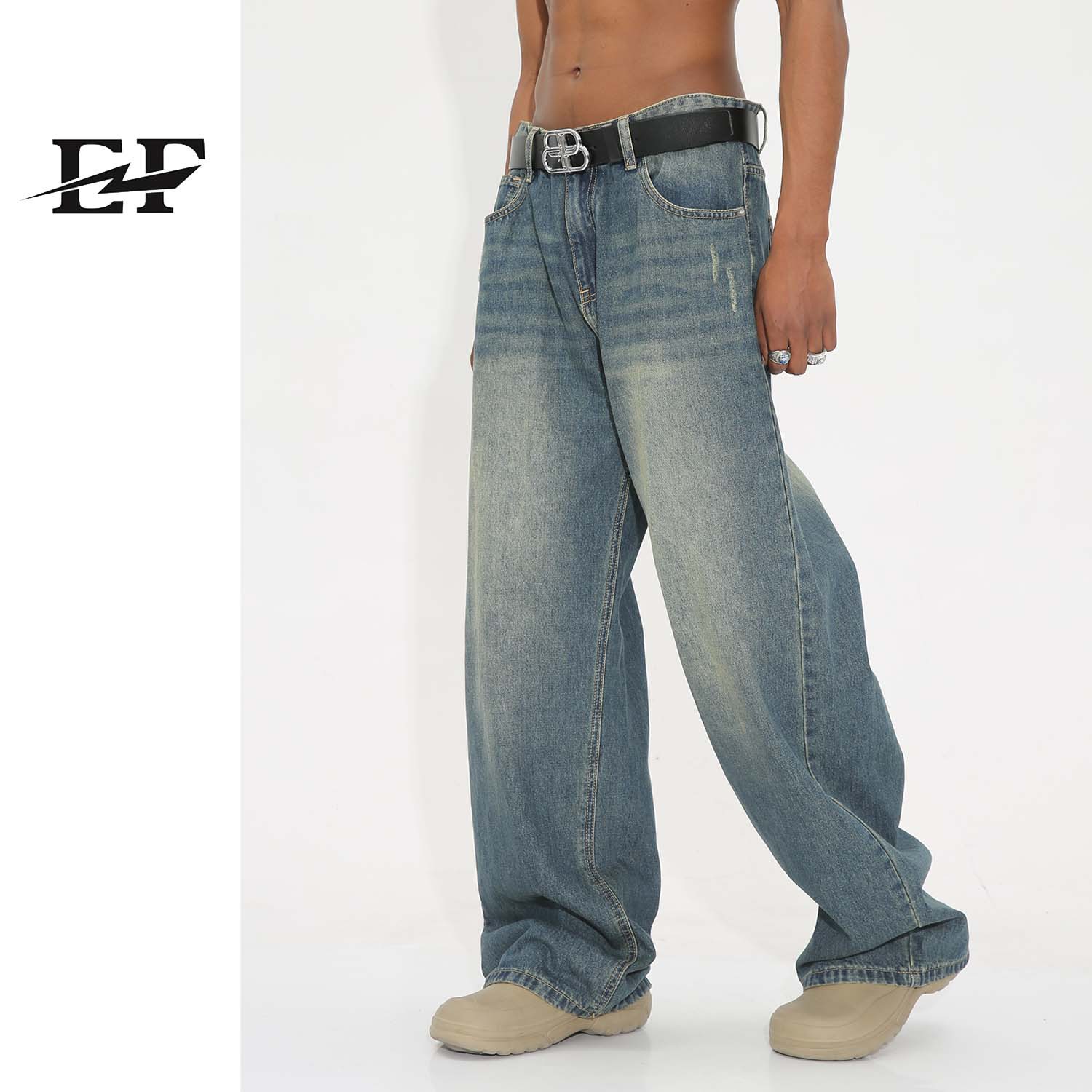 EF Cowboy | Pantalones vaqueros desgastados para hombre, pantalones anchos y holgados lavados, estilo retro, sencillo y versátil