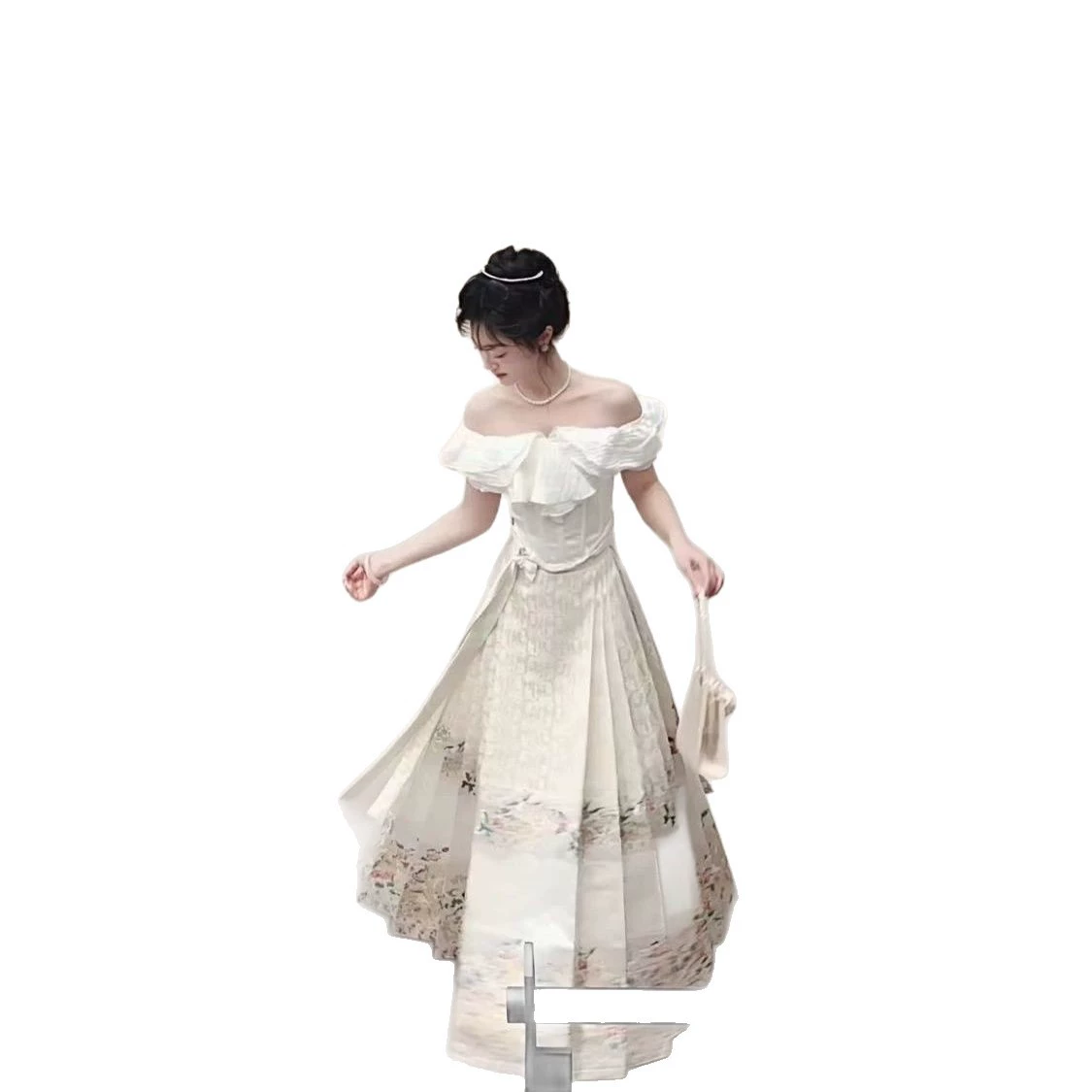 Thin set, elegant Hanfu, Chinese style, open shoulders, fitted
