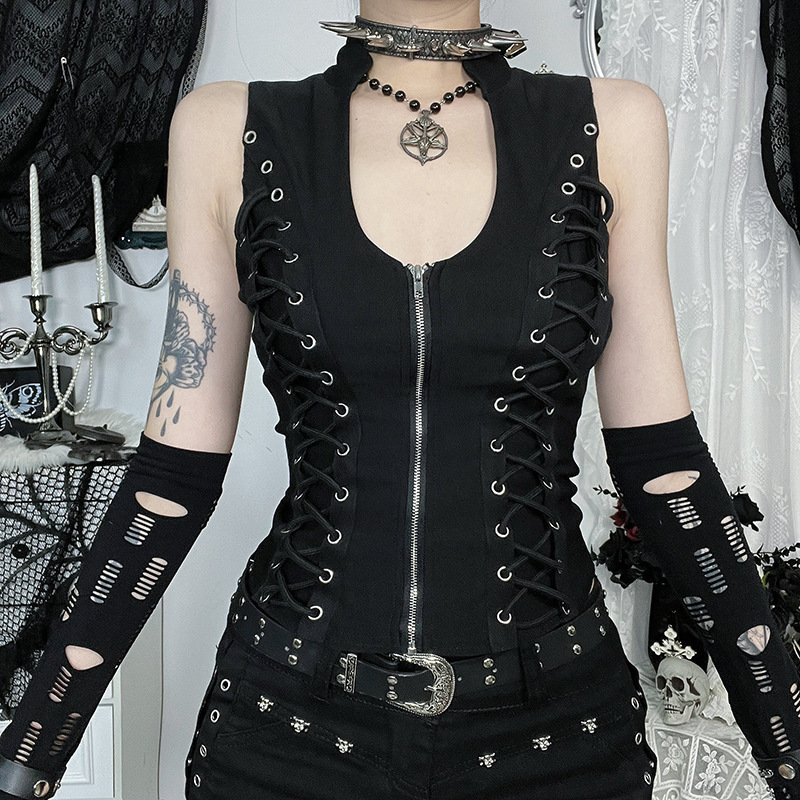Dz182 European and American Cross-Border Strappy Waist Zipper Vest Dark Fashion Stylish Vest Top Female Gothic Style
