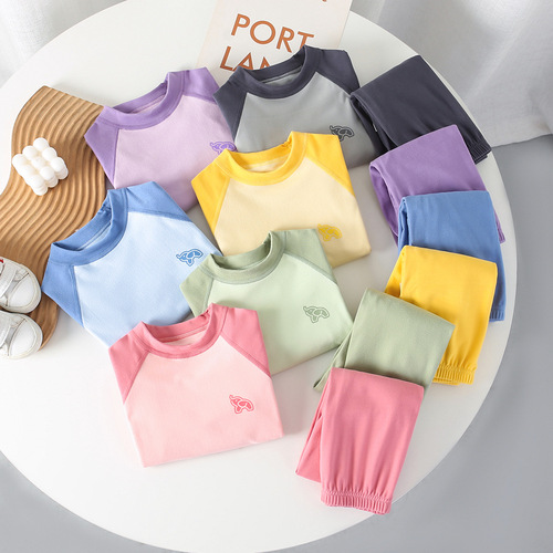Children's Warm Innerwear Set 7A Antibacterial Boys' Autumn Top and Bottoms Base Shirt Girls' Pajamas Medium Kids Home Clothes