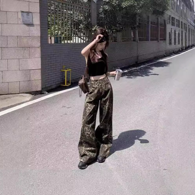 2026 Spring and Autumn American Retro Leopard Print Design Straight Wide-Leg Denim Casual Pants Hot Girl Camouflage High-Waisted Wide-Leg Pants 2026 Spring and Autumn American Retro Leopard Print Design Straight Wide-Leg Denim Casual Pants Hot Girl Camouflage High-Waisted Wide-Leg Pants