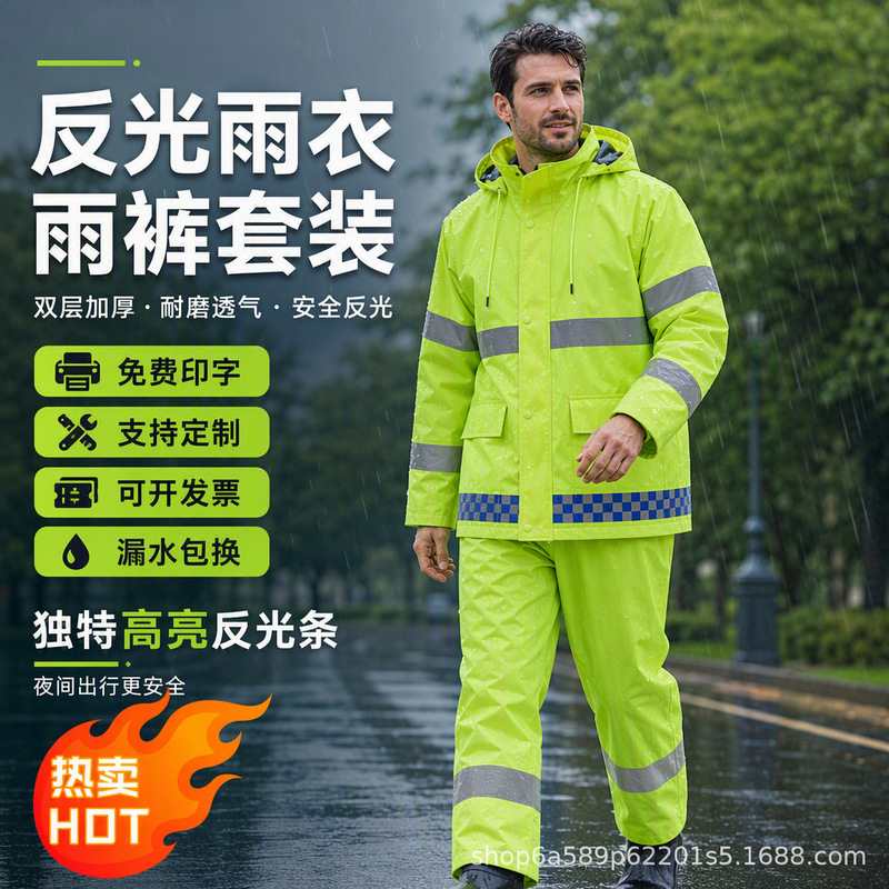Traffic Duty Reflective Raincoat and Rain Pants Set Long Split Type 300D Fluorescent Green Rescue Road Administration Sanitation Flood Prevention Traffic Duty Reflective Raincoat and Rain Pants Set Long Split Type 300D Fluorescent Green Rescue Road Administration Sanitation Flood Prevention