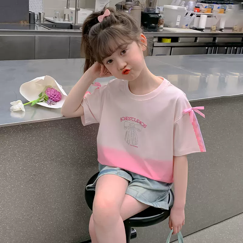 女童短袖T恤2025新款洋气夏装女孩薄款上衣儿童夏季薄款纯棉半袖t