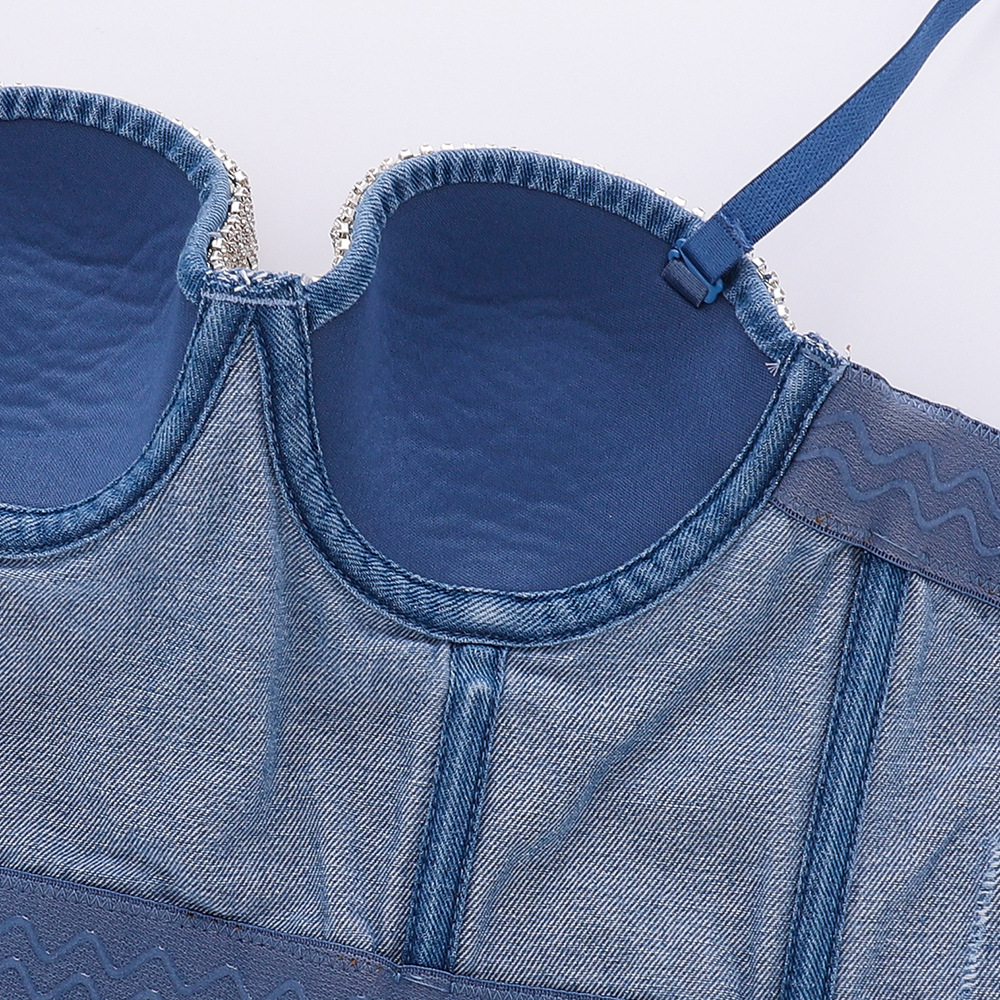Design bandeau din denim tip fishbone, cu franjuri, bretele cu diamant strălucitor, îmbrăcăminte exterioară, top bungee căptușit pentru femei_voghion.com