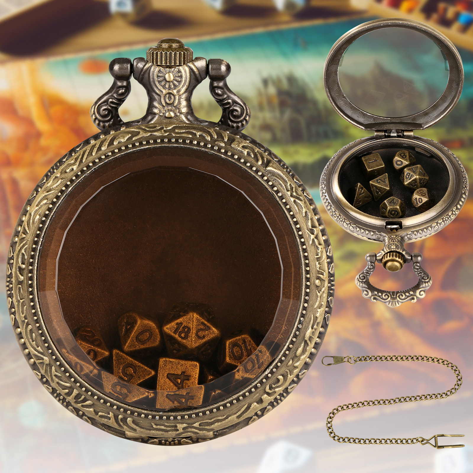 Transparent Glass Jewelry Pocket Watch Case + Dnd Dice Game Board Game Toy Role-Playing Puzzle Card Game