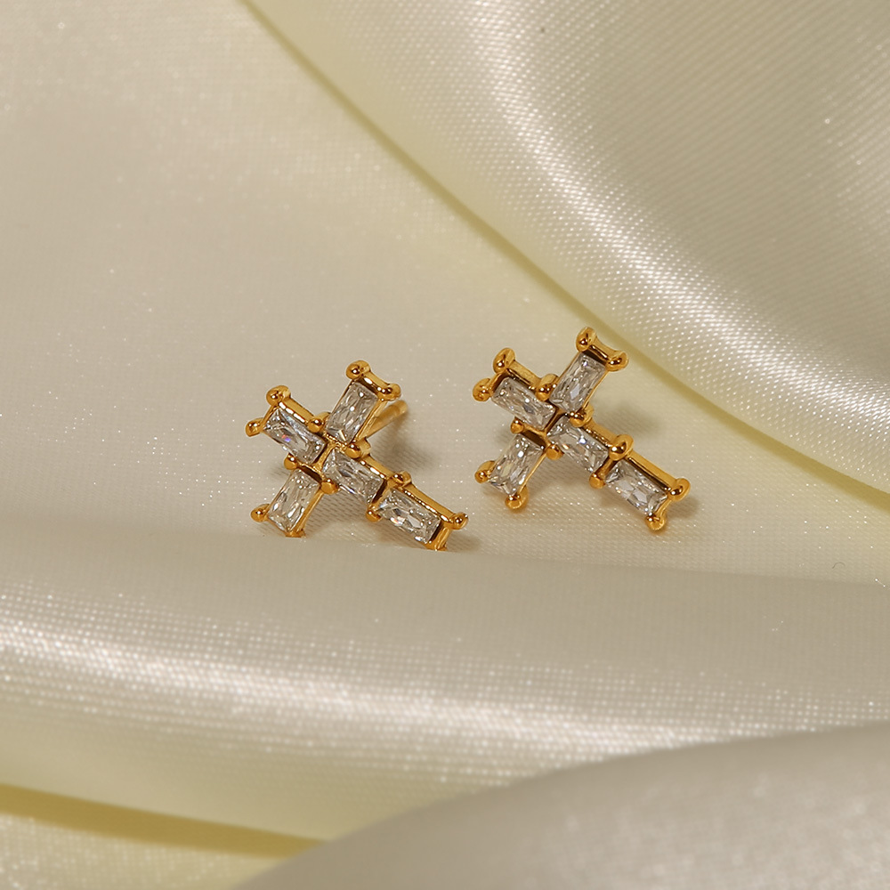 Fashion Cross Stainless Steel Ear Studs Plating Zircon Stainless Steel Earrings
