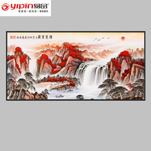 金色万里长城办公室客厅背景墙流水生财背有靠山风景国画壁画