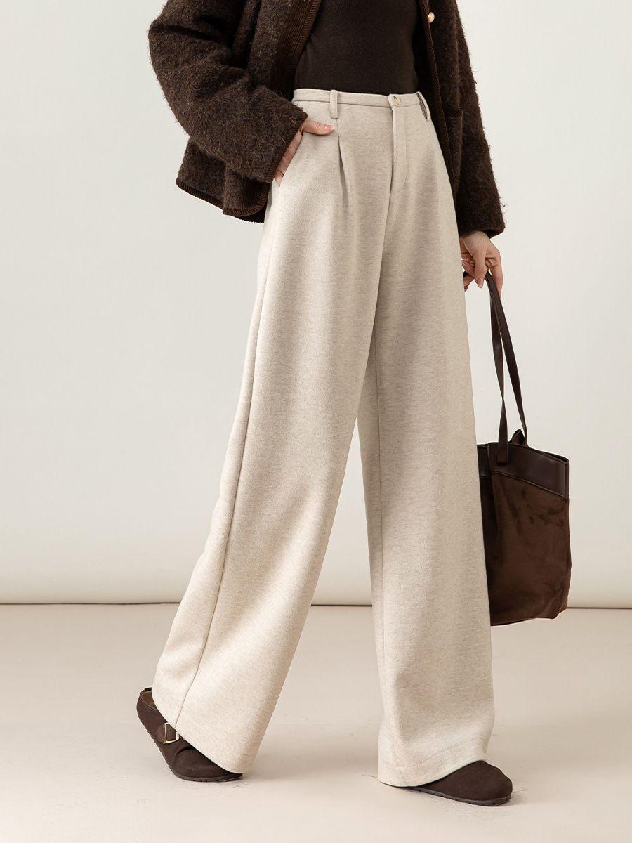 Quần culottes nữ ống rộng cạp cao dáng suông chất len acetate dệt kim — Màu trà sữa