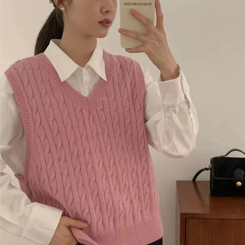 Retro estilo de Hong Kong cuello V torsión chaleco de punto de mujer 2024 otoño nuevo suéter de vestir suelto