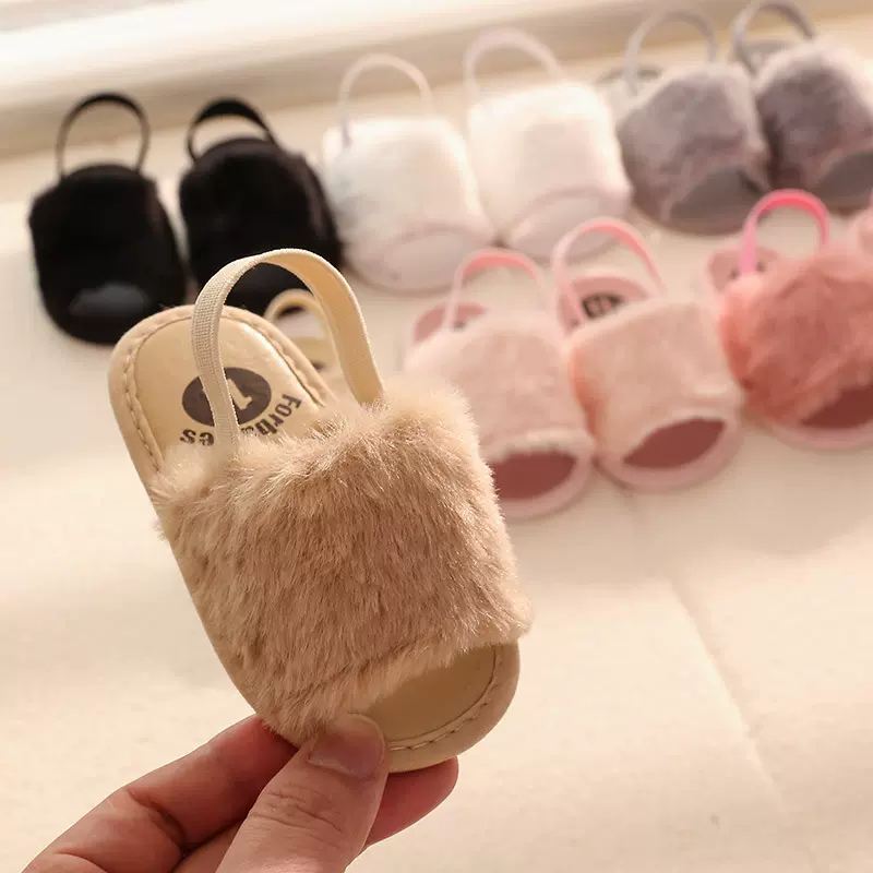 夏季款毛绒凉鞋0-1岁婴儿软底女宝宝鞋子babyshoes学步防滑女童
