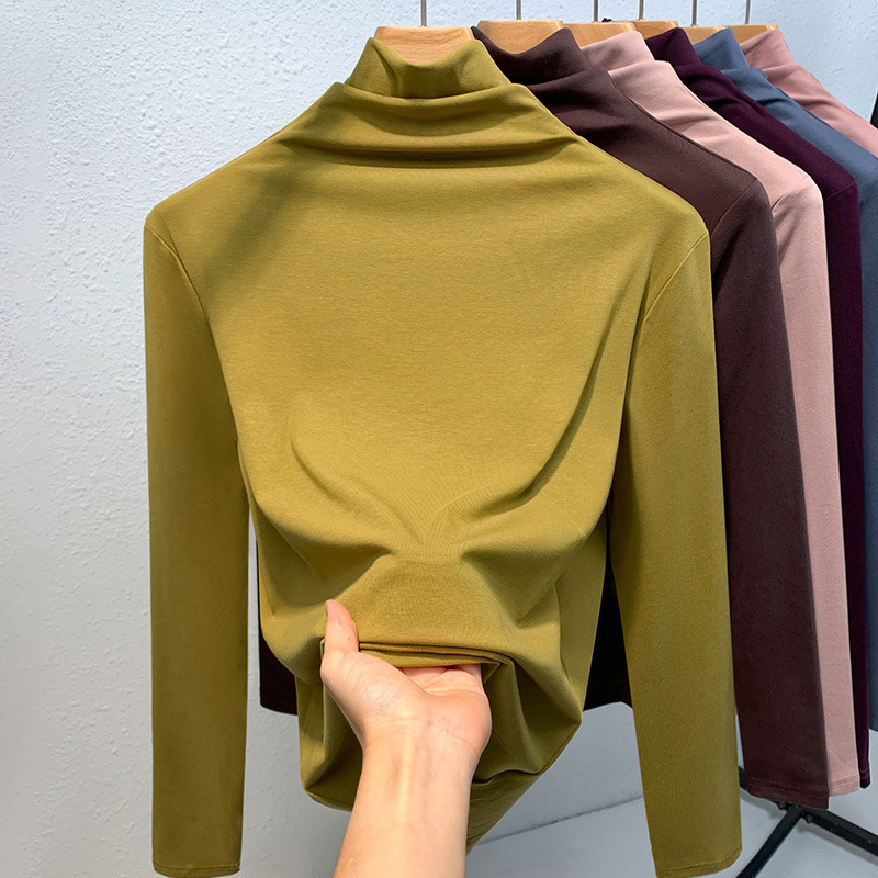 Camiseta de cuello alto para mujer, nuevo estilo 2024, ropa de mujer, color sólido, camiseta sencilla de manga larga con forro polar para mayor calidez, capa interior, top ajustado a la cintura