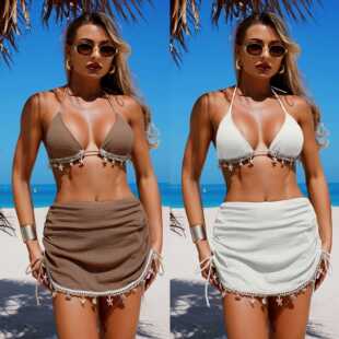 2025 European and American New Sexy Pure Color Chain Women's Three-Piece Bikini Bikini Swimsuit Beach Vacation Style